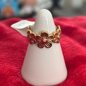 Oshena designer beachwear Gold Floral Ring with Pink and Green Accents size 8